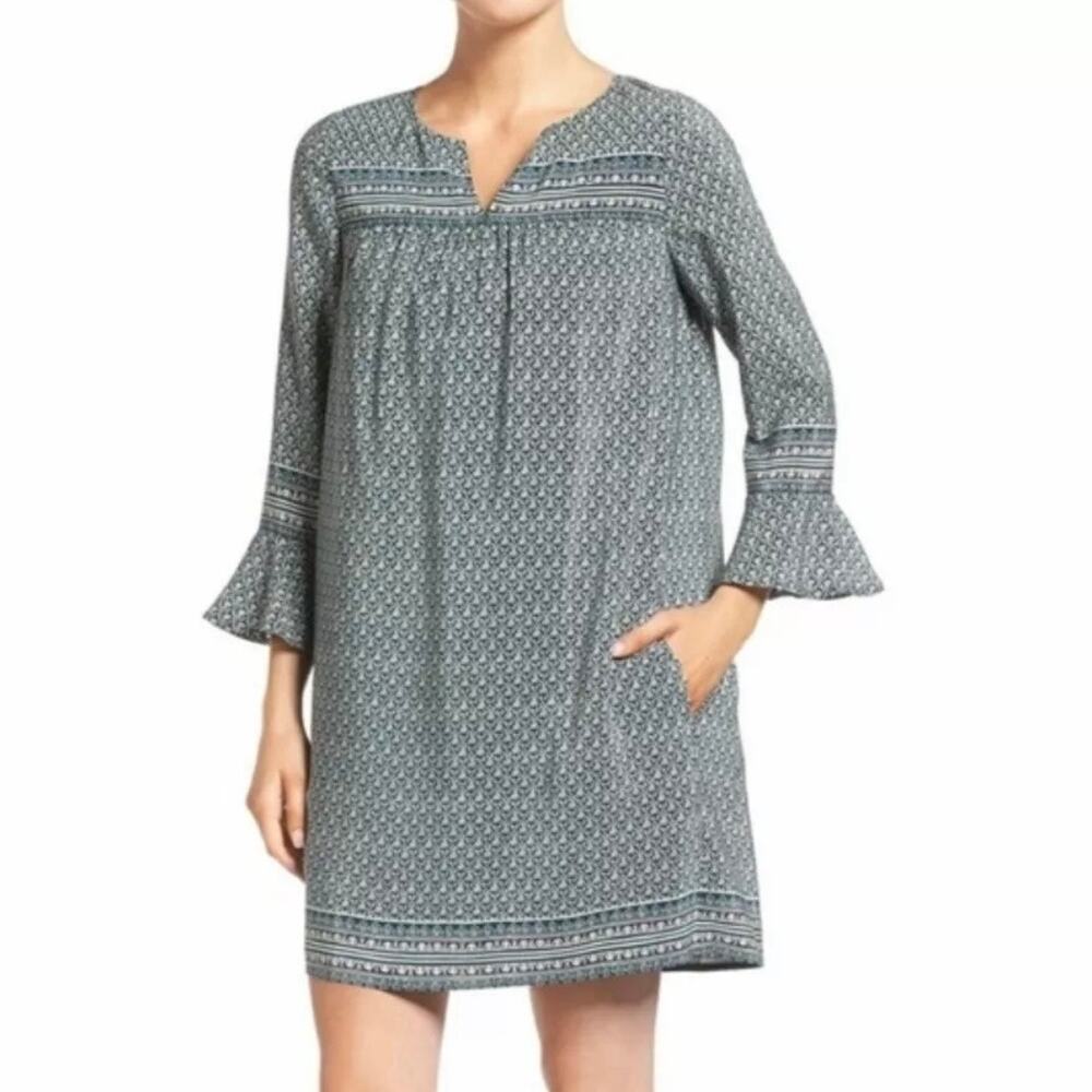 MADEWELL 100%Silk Starland Print Dress Bell Sleeve Boho Bandana Medium Green